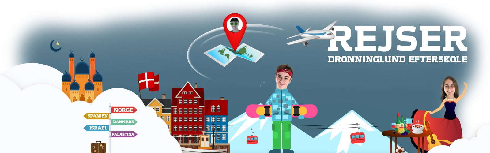 Rejseaktiviteter på Dronninglund Efterskole med bjerglandskab og flyrejser.